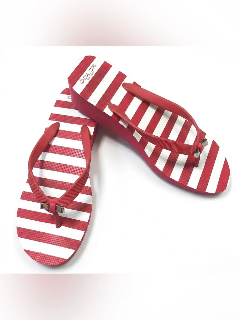 Coach Y2K Pink Platform Wedge Flip Flop Sandals – Retro 2000s pink Stripes